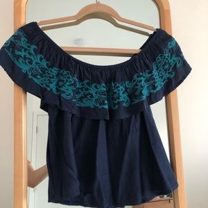 Embroidered Off the Shoulder Ruffle Top
